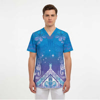 New Zealand Matariki Scrub Top Maori Marae Cyan Galaxy - Polynesian Pride