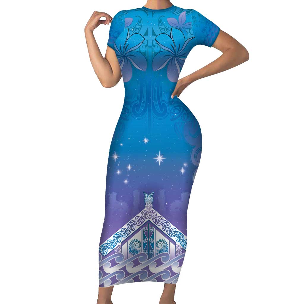 New Zealand Matariki Short Sleeve Bodycon Dress Maori Marae Cyan Galaxy