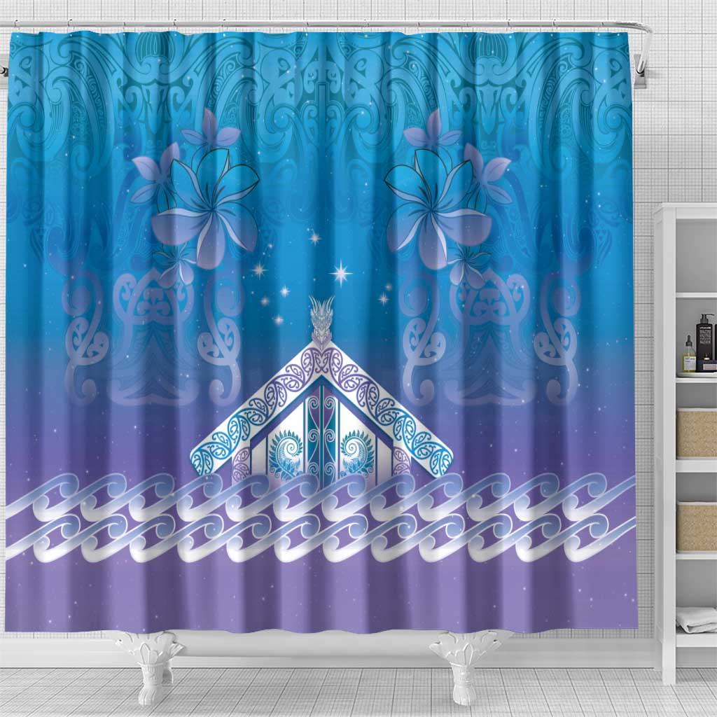 New Zealand Matariki Shower Curtain Maori Marae Cyan Galaxy