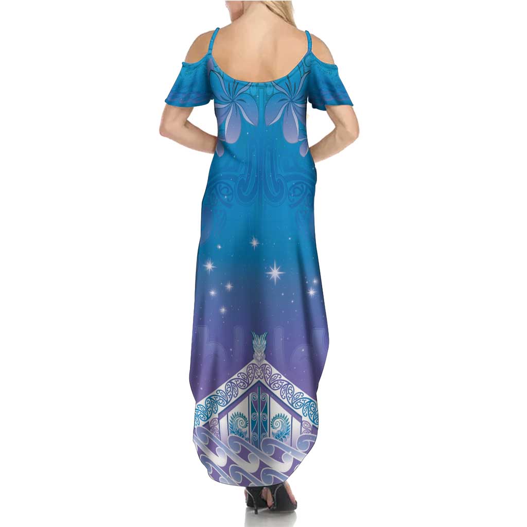 New Zealand Matariki Summer Maxi Dress Maori Marae Cyan Galaxy