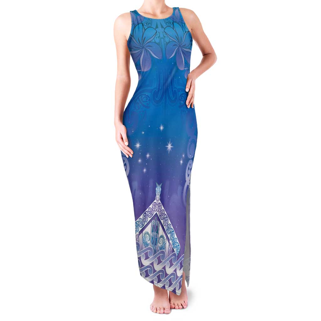 New Zealand Matariki Tank Maxi Dress Maori Marae Cyan Galaxy