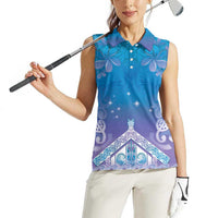 New Zealand Matariki Women Sleeveless Polo Shirt Maori Marae Cyan Galaxy