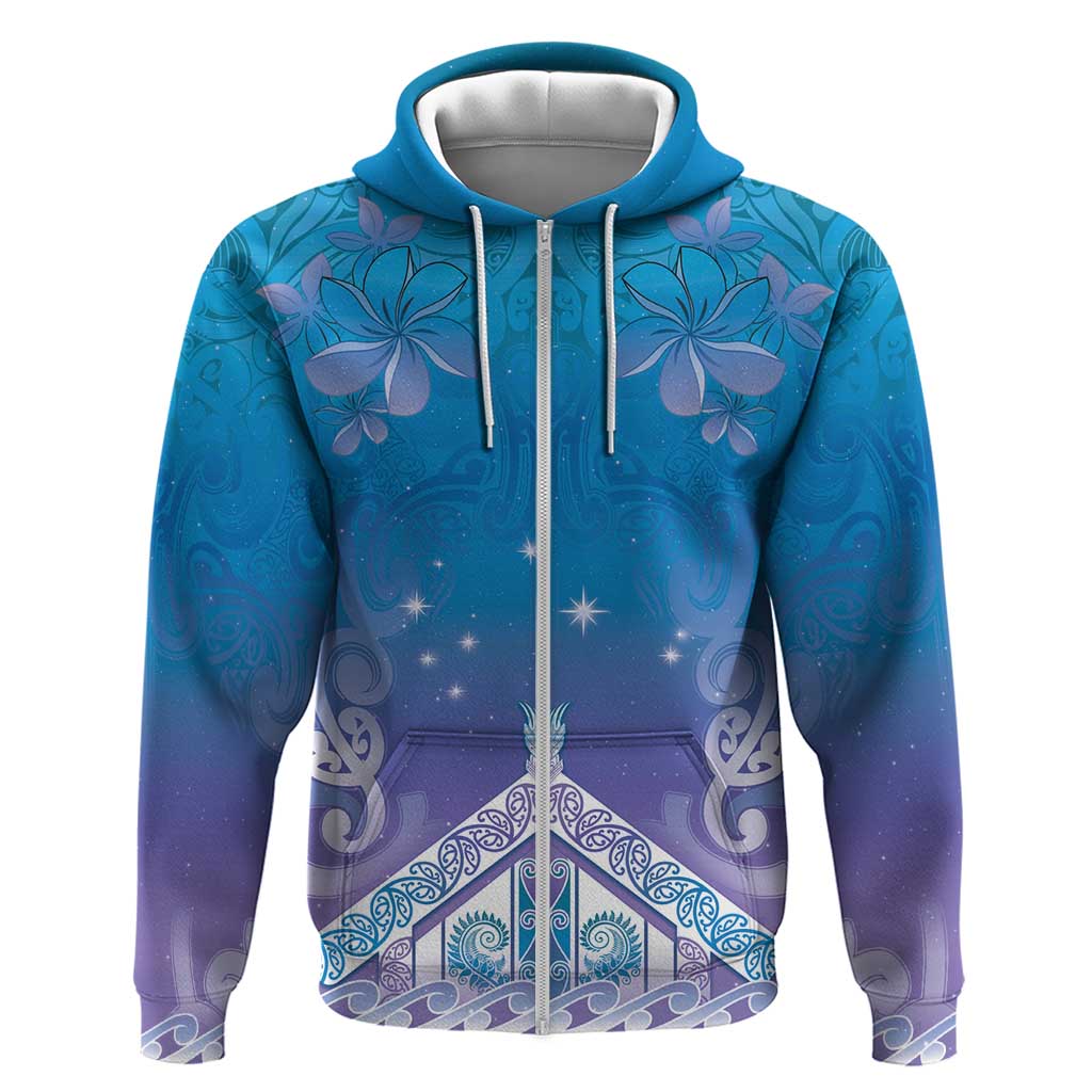 New Zealand Matariki Zip Hoodie Maori Marae Cyan Galaxy