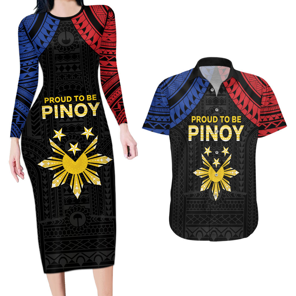 Philippines Independence Day Couples Matching Long Sleeve Bodycon Dress and Hawaiian Shirt Proud To Be Pinoy LT05 Black - Polynesian Pride