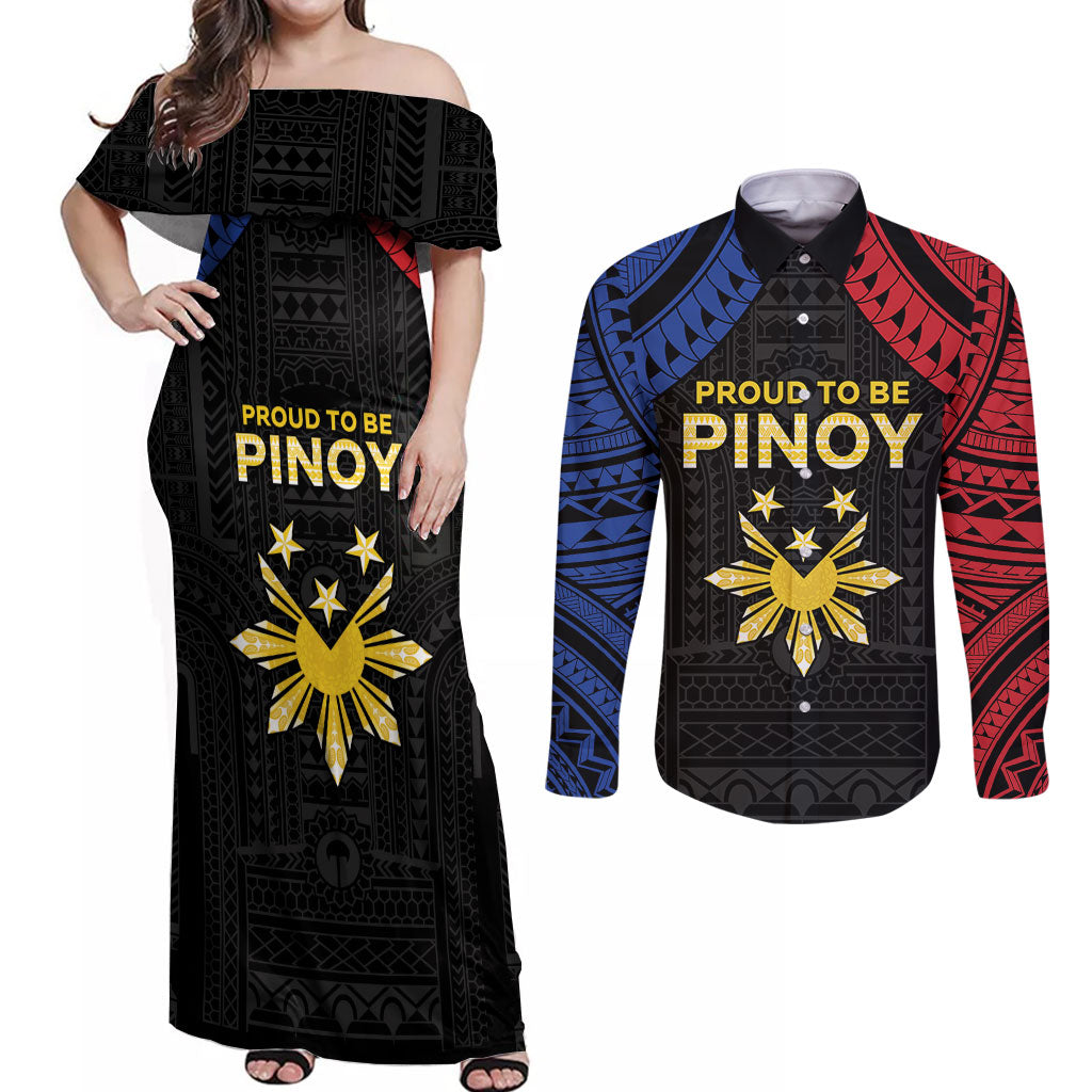 Philippines Independence Day Couples Matching Off Shoulder Maxi Dress and Long Sleeve Button Shirt Proud To Be Pinoy LT05 Black - Polynesian Pride