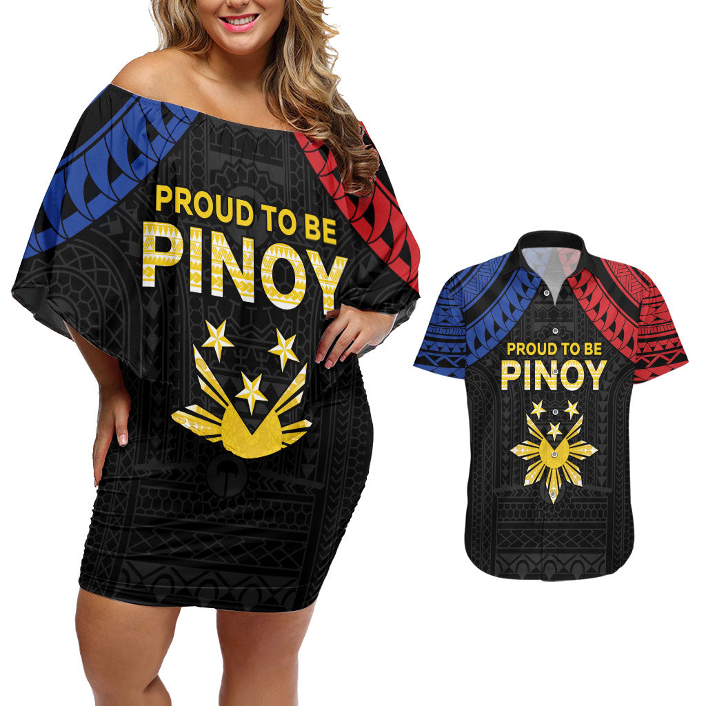 Philippines Independence Day Couples Matching Off Shoulder Short Dress and Hawaiian Shirt Proud To Be Pinoy LT05 Black - Polynesian Pride