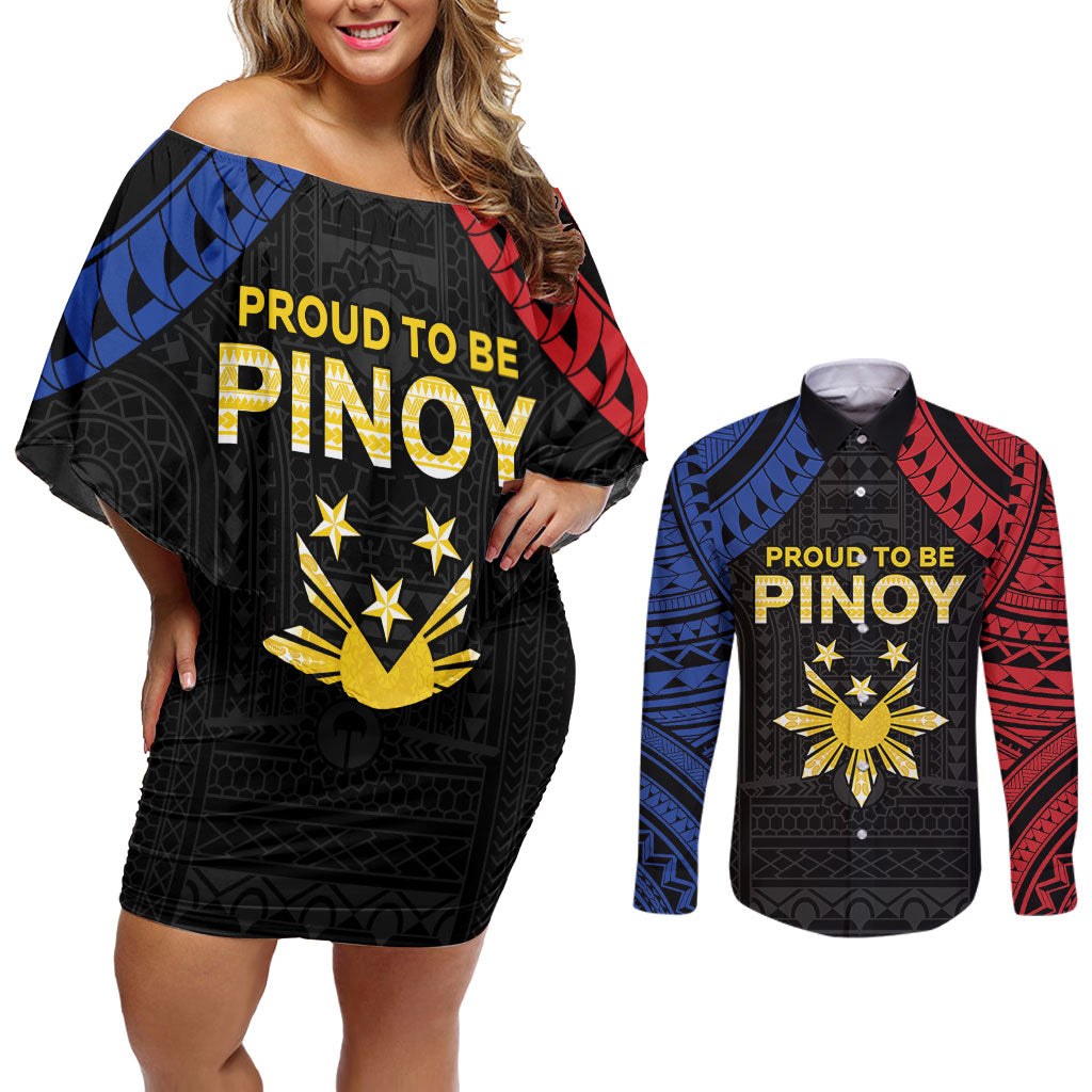Philippines Independence Day Couples Matching Off Shoulder Short Dress and Long Sleeve Button Shirt Proud To Be Pinoy LT05 Black - Polynesian Pride