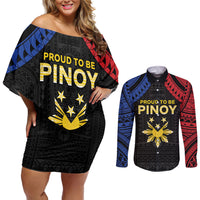 Philippines Independence Day Couples Matching Off Shoulder Short Dress and Long Sleeve Button Shirt Proud To Be Pinoy LT05 Black - Polynesian Pride