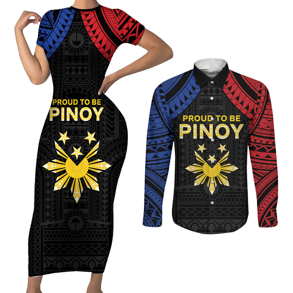 Philippines Independence Day Couples Matching Short Sleeve Bodycon Dress and Long Sleeve Button Shirt Proud To Be Pinoy LT05 Black - Polynesian Pride