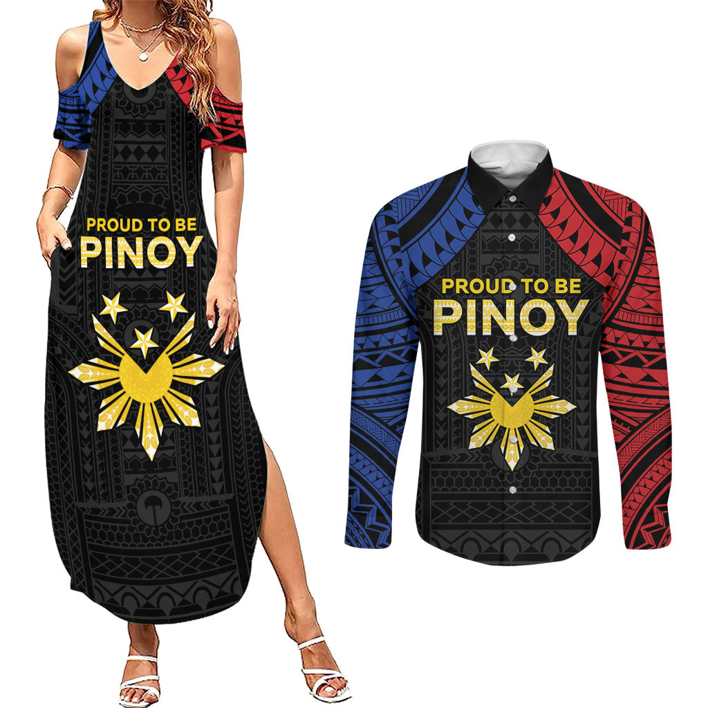Philippines Independence Day Couples Matching Summer Maxi Dress and Long Sleeve Button Shirt Proud To Be Pinoy LT05 Black - Polynesian Pride