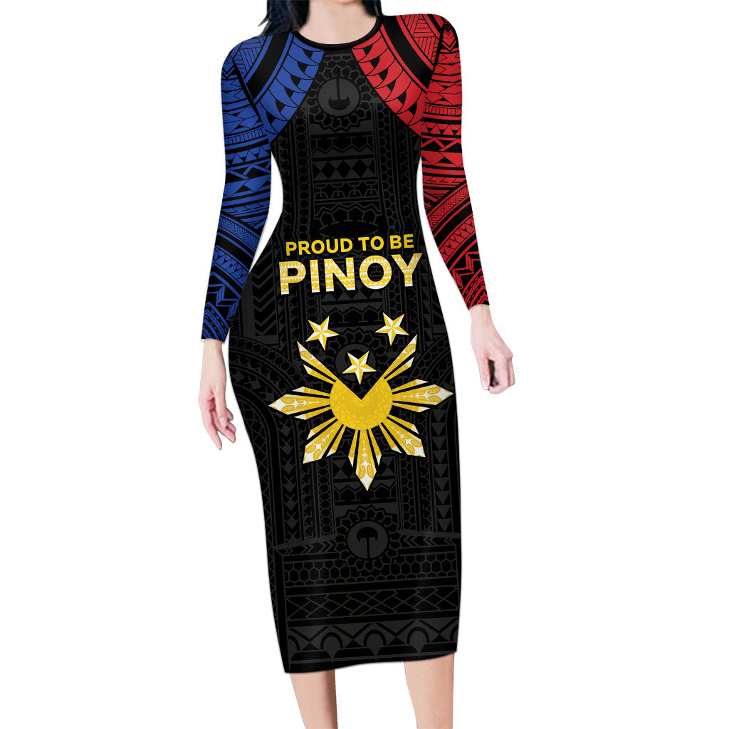 Philippines Independence Day Long Sleeve Bodycon Dress Proud To Be Pinoy LT05 Long Dress Black - Polynesian Pride