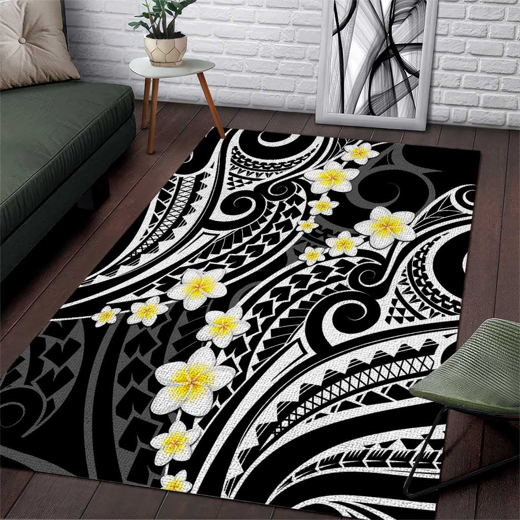 Plumeria With Black Polynesian Tattoo Pattern Area Rug