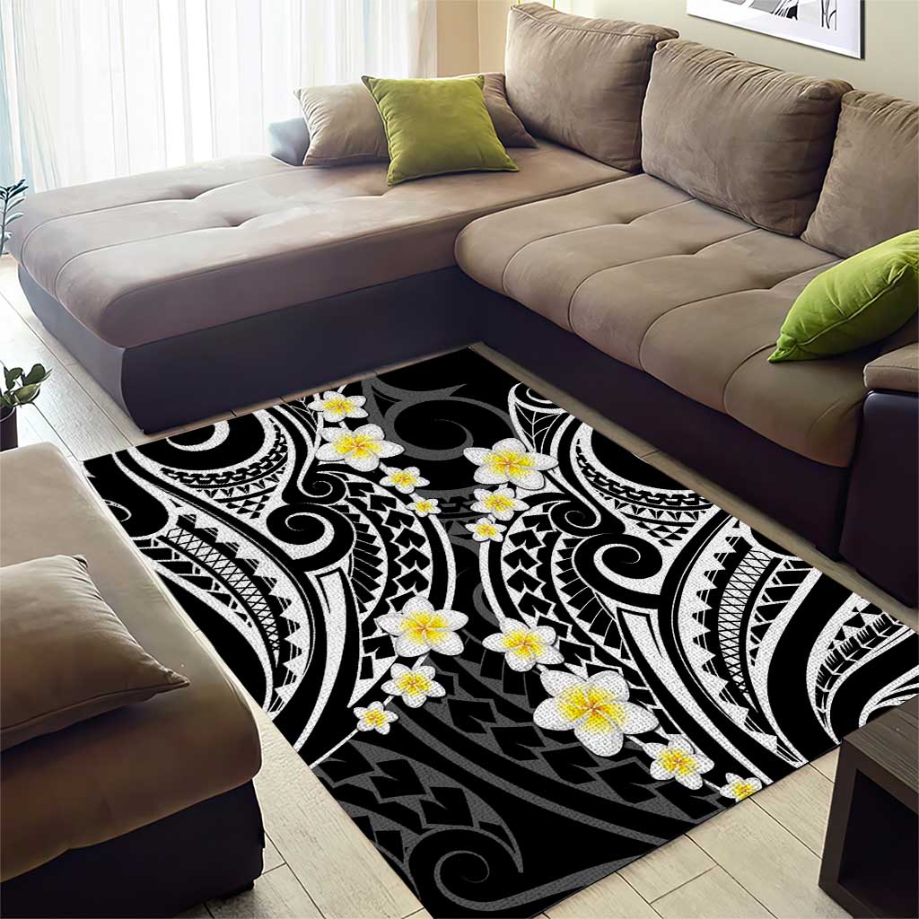 Plumeria With Black Polynesian Tattoo Pattern Area Rug