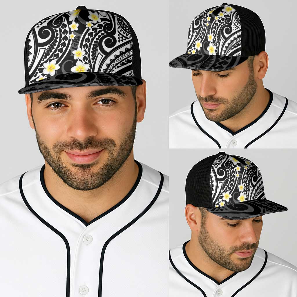 Plumeria With Black Polynesian Tattoo Pattern Baseball Net Cap - Polynesian Pride