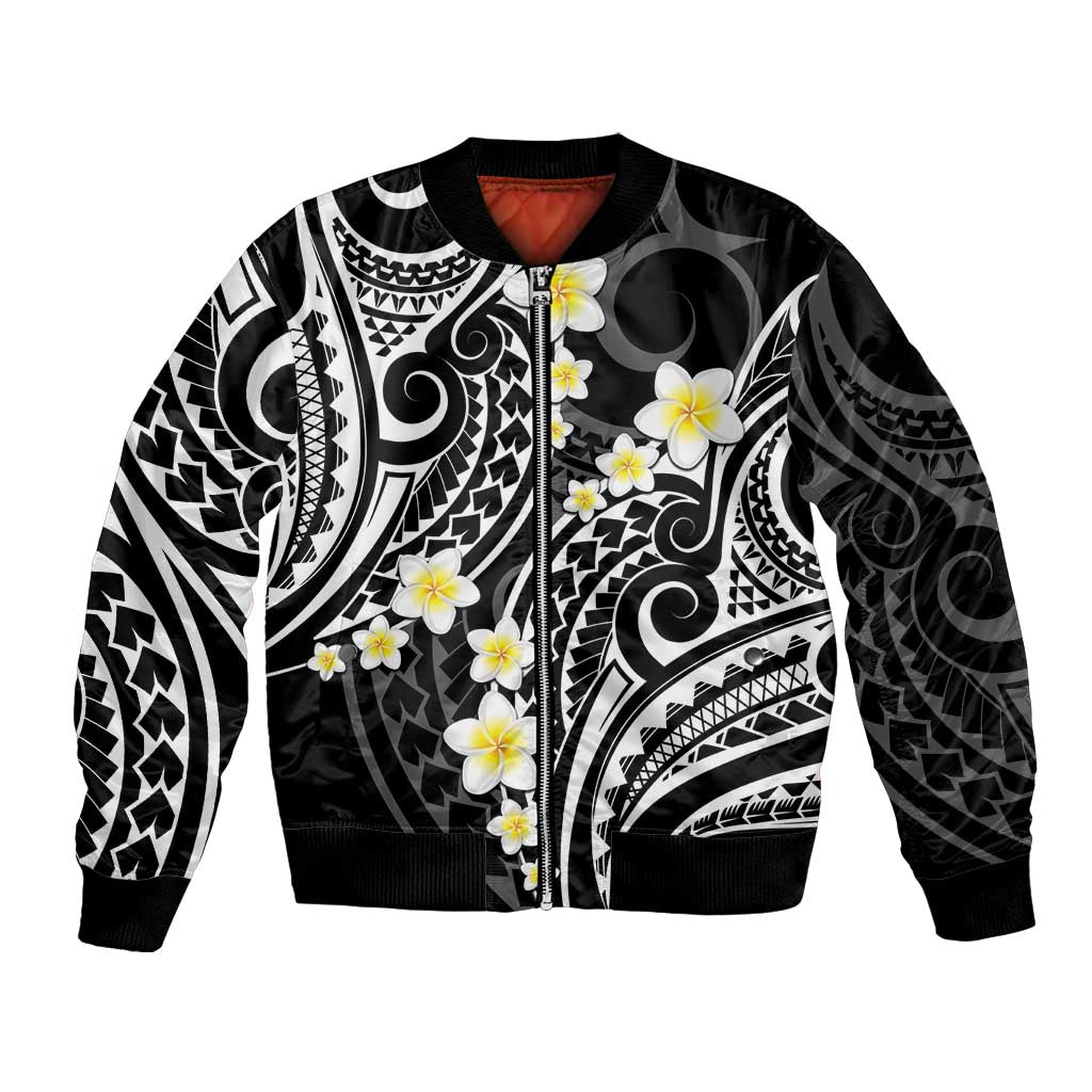 Plumeria With Black Polynesian Tattoo Pattern Bomber Jacket