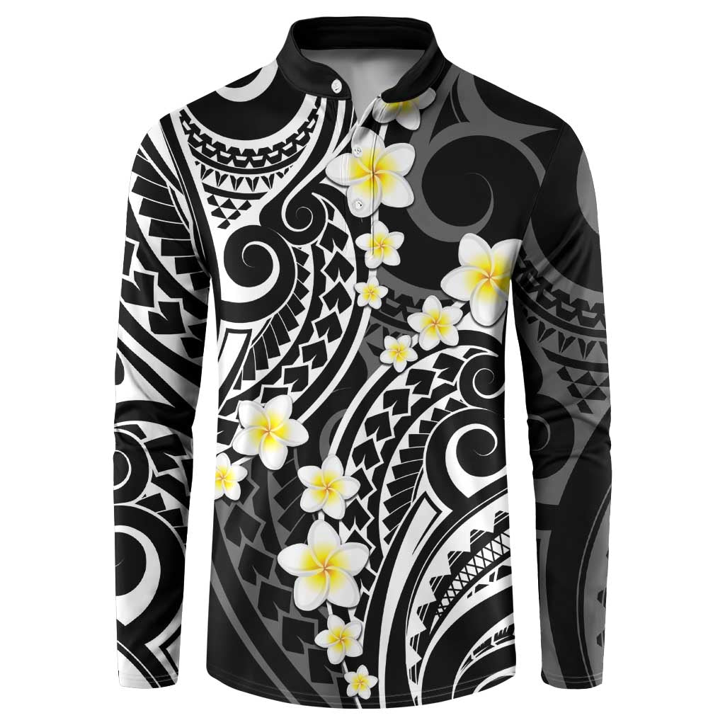 Plumeria With Black Polynesian Tattoo Pattern Button Sweatshirt LT05 Black - Polynesian Pride