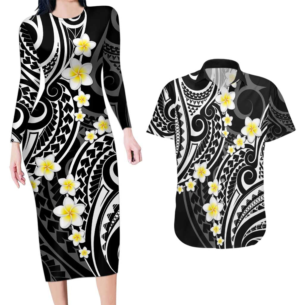 Plumeria With Black Polynesian Tattoo Pattern Couples Matching Long Sleeve Bodycon Dress and Hawaiian Shirt