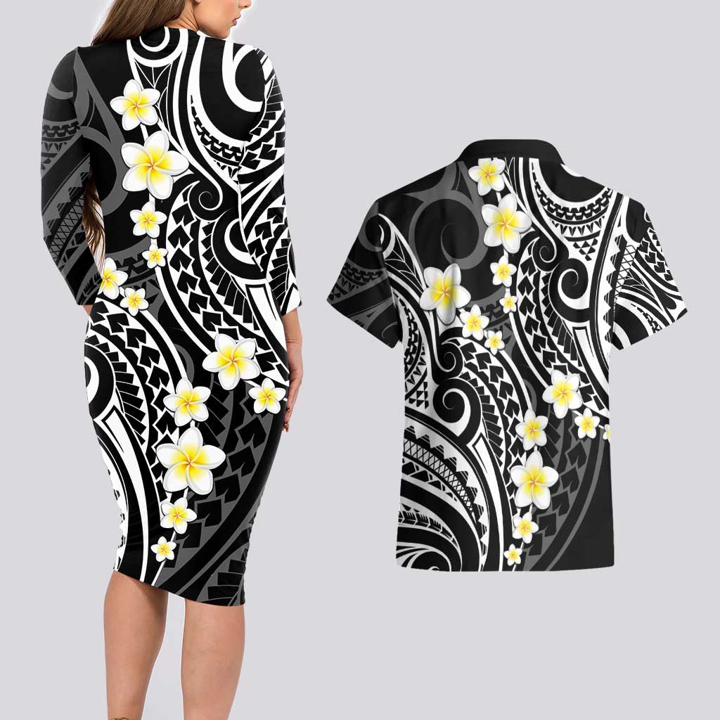 Plumeria With Black Polynesian Tattoo Pattern Couples Matching Long Sleeve Bodycon Dress and Hawaiian Shirt LT05 - Polynesian Pride