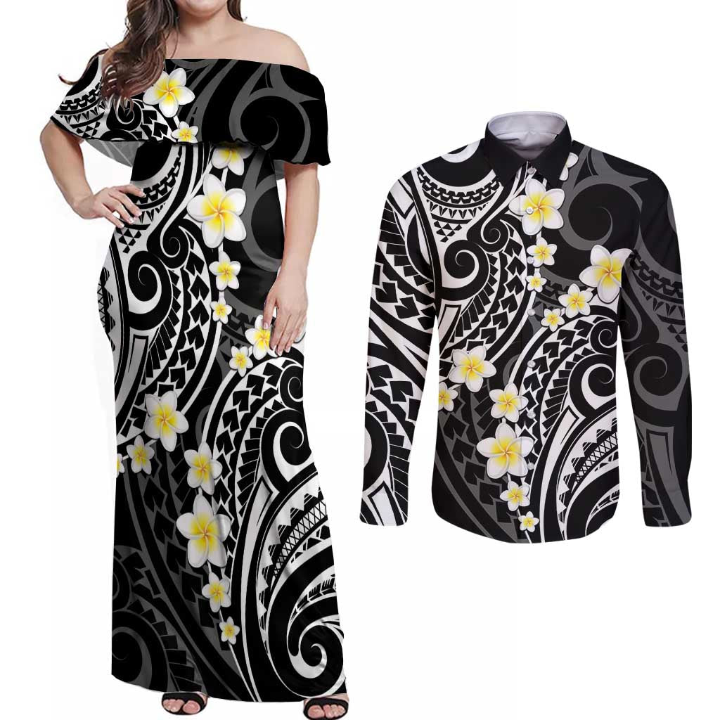 Plumeria With Black Polynesian Tattoo Pattern Couples Matching Off Shoulder Maxi Dress and Long Sleeve Button Shirt LT05 Black - Polynesian Pride
