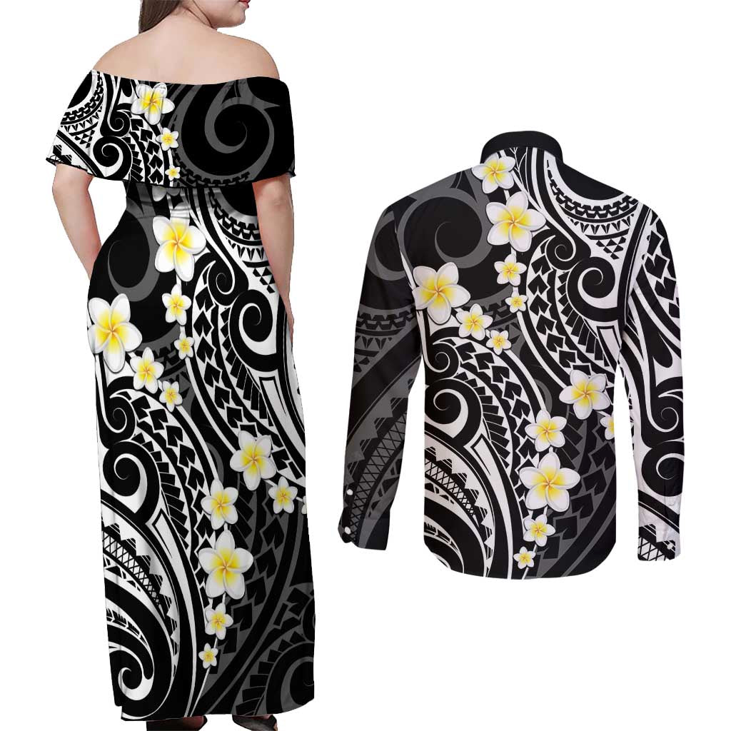 Plumeria With Black Polynesian Tattoo Pattern Couples Matching Off Shoulder Maxi Dress and Long Sleeve Button Shirt LT05 - Polynesian Pride