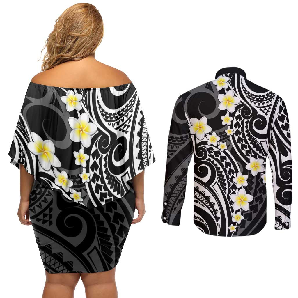 Plumeria With Black Polynesian Tattoo Pattern Couples Matching Off Shoulder Short Dress and Long Sleeve Button Shirt LT05 - Polynesian Pride