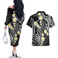 Plumeria With Black Polynesian Tattoo Pattern Couples Matching Off The Shoulder Long Sleeve Dress and Hawaiian Shirt LT05 - Polynesian Pride