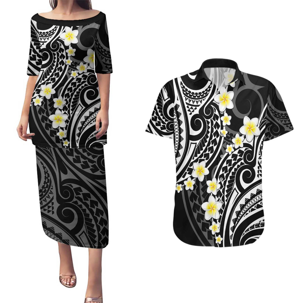 Plumeria With Black Polynesian Tattoo Pattern Couples Matching Puletasi and Hawaiian Shirt LT05 Black - Polynesian Pride
