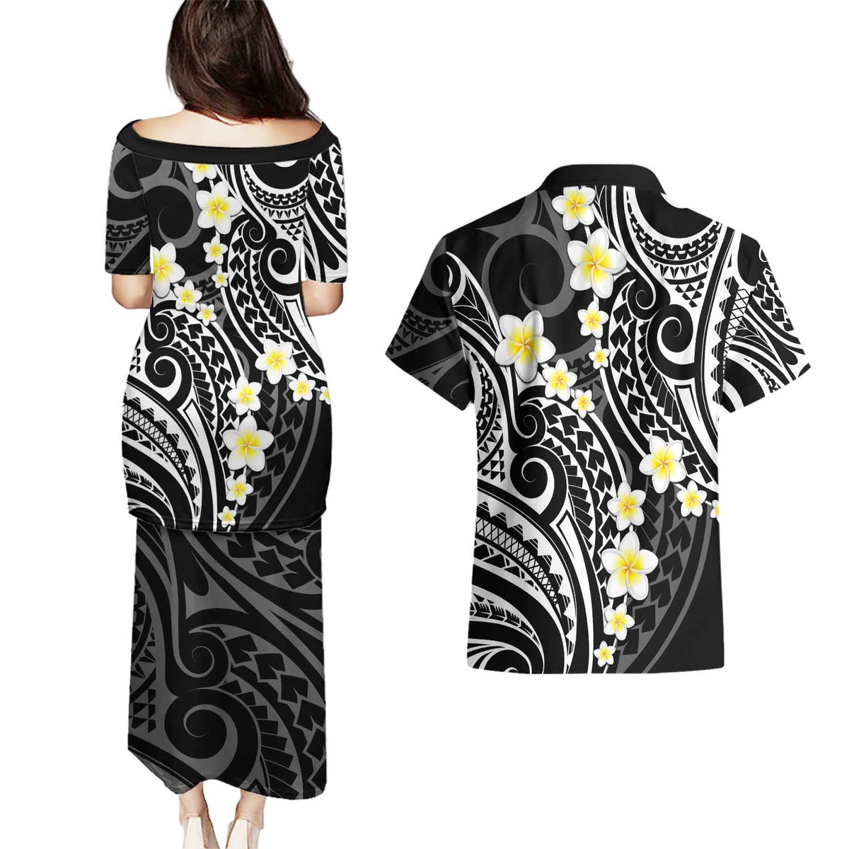 Plumeria With Black Polynesian Tattoo Pattern Couples Matching Puletasi and Hawaiian Shirt LT05 - Polynesian Pride