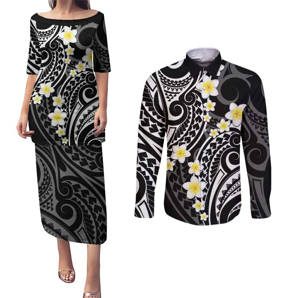 Plumeria With Black Polynesian Tattoo Pattern Couples Matching Puletasi and Long Sleeve Button Shirt LT05 Black - Polynesian Pride