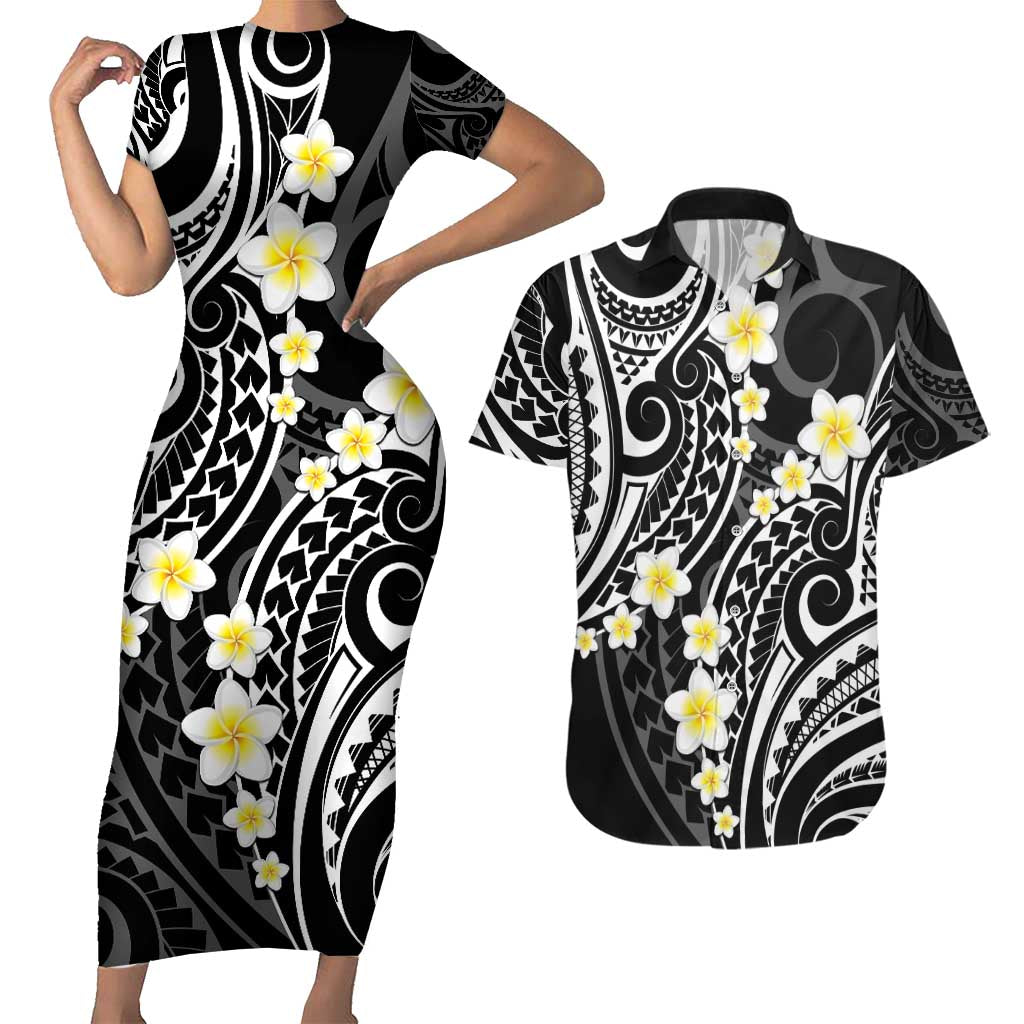 Plumeria With Black Polynesian Tattoo Pattern Couples Matching Short Sleeve Bodycon Dress and Hawaiian Shirt LT05 Black - Polynesian Pride
