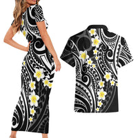 Plumeria With Black Polynesian Tattoo Pattern Couples Matching Short Sleeve Bodycon Dress and Hawaiian Shirt LT05 - Polynesian Pride