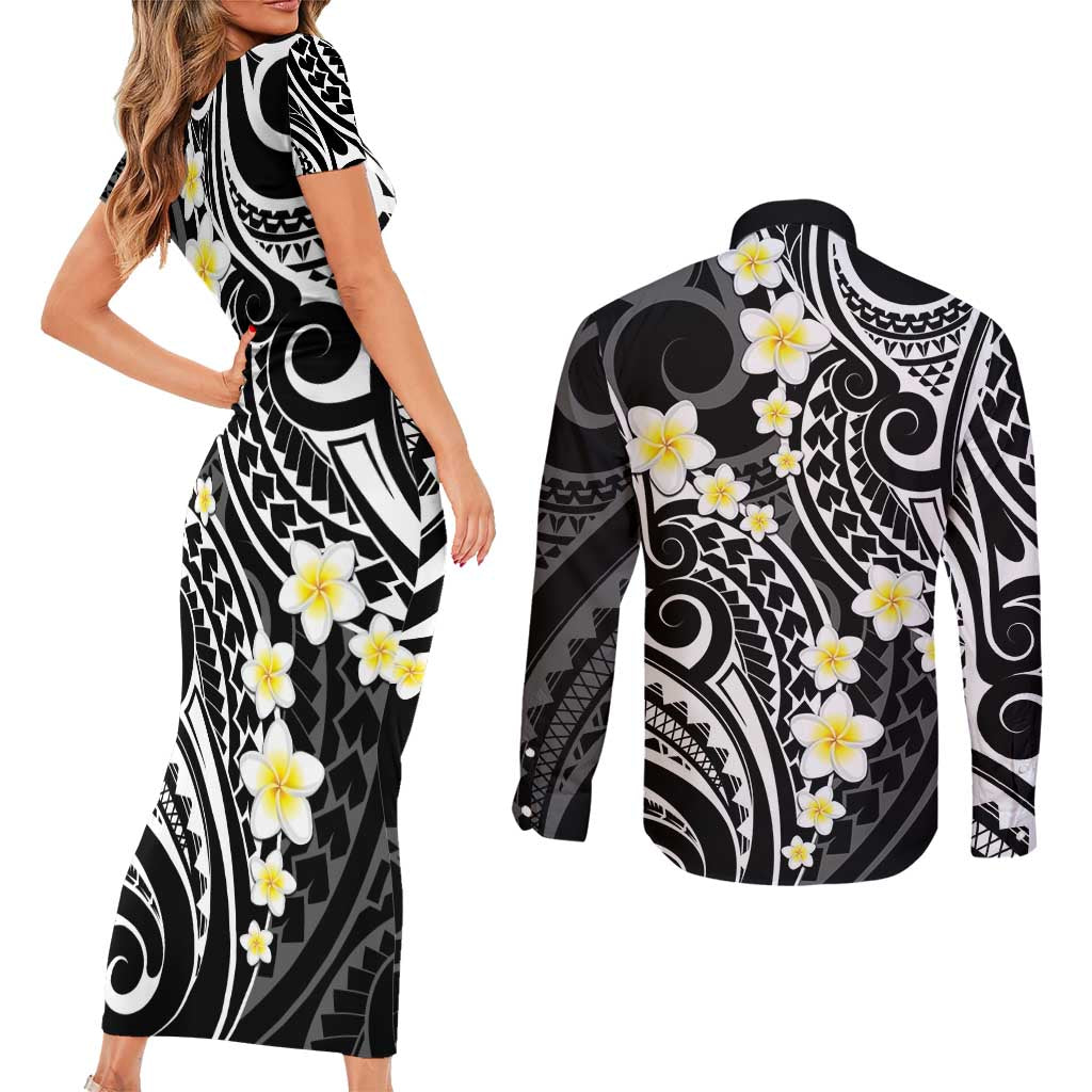 Plumeria With Black Polynesian Tattoo Pattern Couples Matching Short Sleeve Bodycon Dress and Long Sleeve Button Shirt LT05 - Polynesian Pride