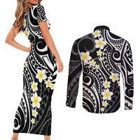 Plumeria With Black Polynesian Tattoo Pattern Couples Matching Short Sleeve Bodycon Dress and Long Sleeve Button Shirt LT05 - Polynesian Pride