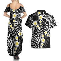 Plumeria With Black Polynesian Tattoo Pattern Couples Matching Summer Maxi Dress and Hawaiian Shirt LT05 - Polynesian Pride