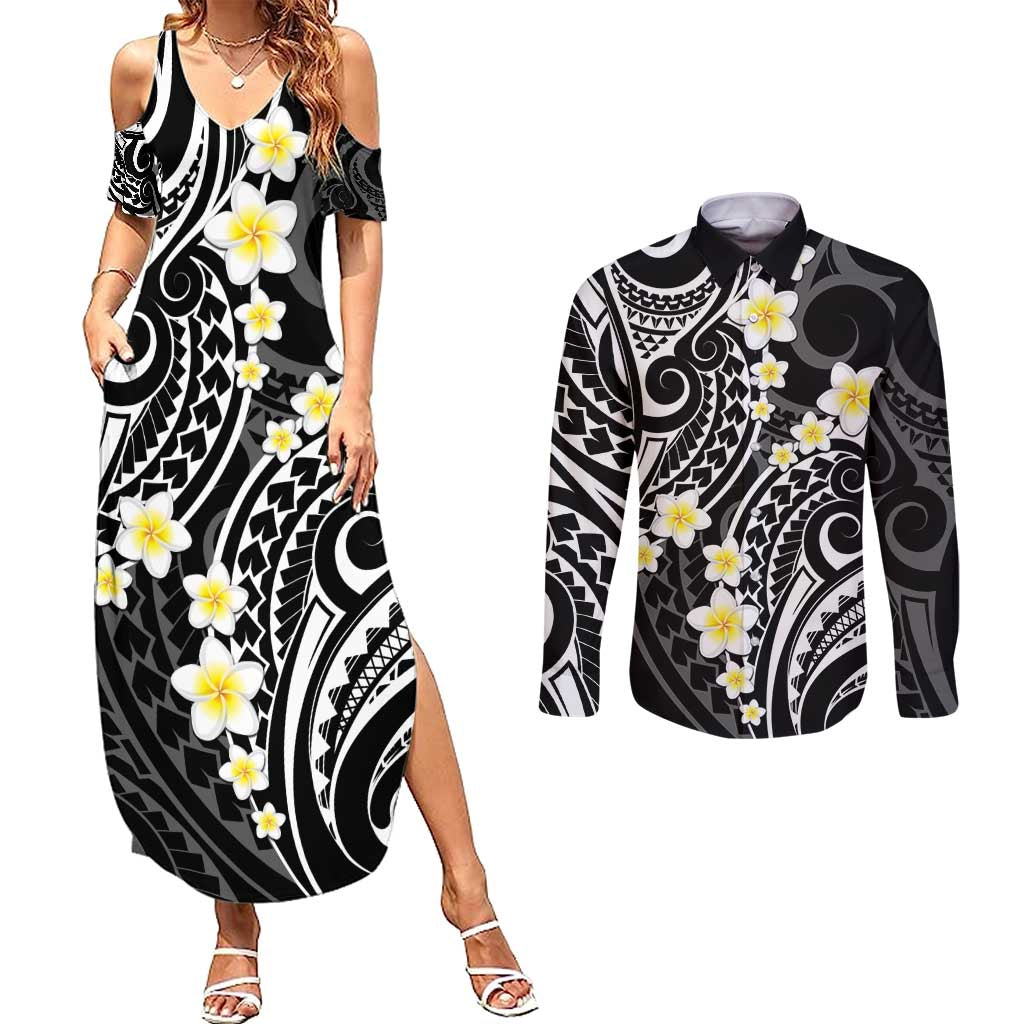 Plumeria With Black Polynesian Tattoo Pattern Couples Matching Summer Maxi Dress and Long Sleeve Button Shirt LT05 Black - Polynesian Pride