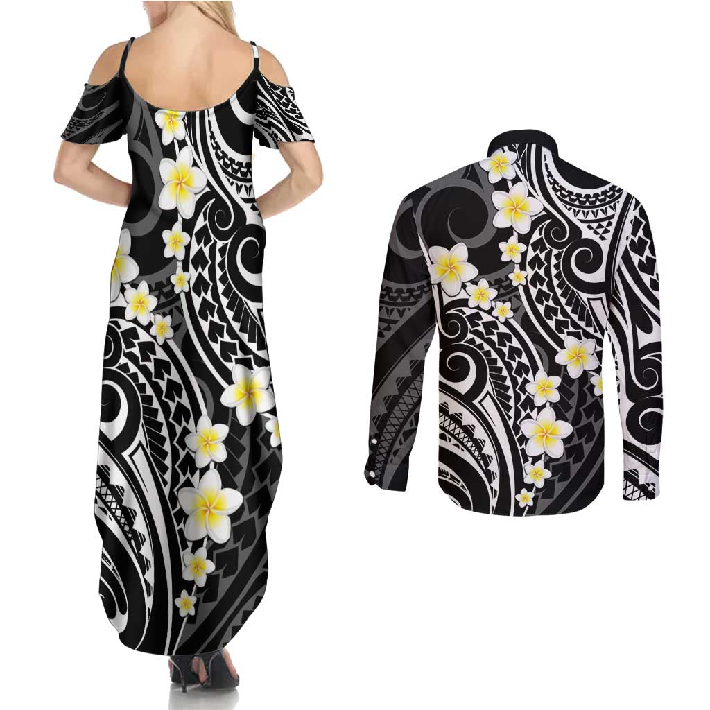 Plumeria With Black Polynesian Tattoo Pattern Couples Matching Summer Maxi Dress and Long Sleeve Button Shirt LT05 - Polynesian Pride