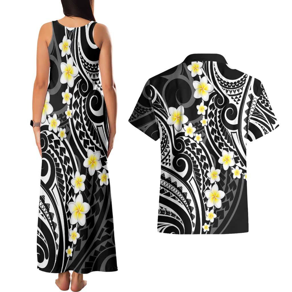 Plumeria With Black Polynesian Tattoo Pattern Couples Matching Tank Maxi Dress and Hawaiian Shirt LT05 - Polynesian Pride