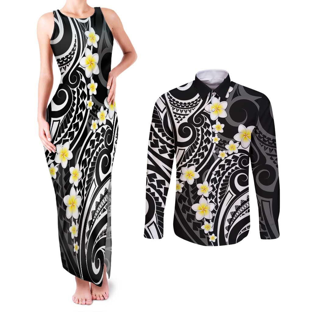 Plumeria With Black Polynesian Tattoo Pattern Couples Matching Tank Maxi Dress and Long Sleeve Button Shirt LT05 Black - Polynesian Pride