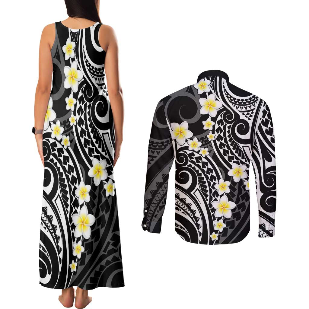 Plumeria With Black Polynesian Tattoo Pattern Couples Matching Tank Maxi Dress and Long Sleeve Button Shirt LT05 - Polynesian Pride