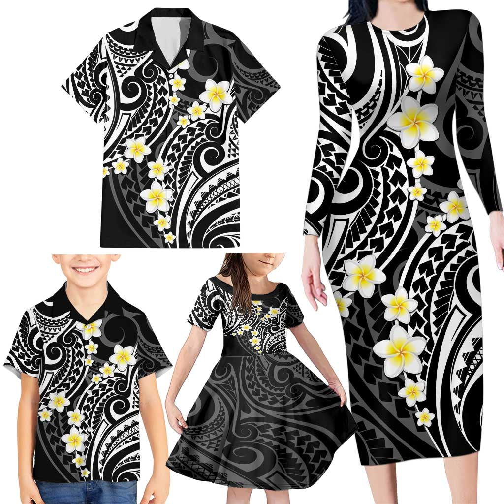 Plumeria With Black Polynesian Tattoo Pattern Family Matching Long Sleeve Bodycon Dress and Hawaiian Shirt