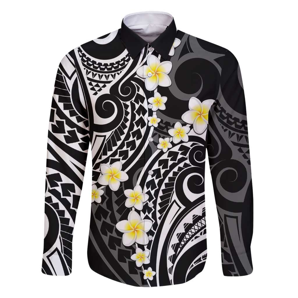 Plumeria With Black Polynesian Tattoo Pattern Family Matching Long Sleeve Bodycon Dress and Hawaiian Shirt LT05 Dad's Shirt - Long Sleeve Black - Polynesian Pride