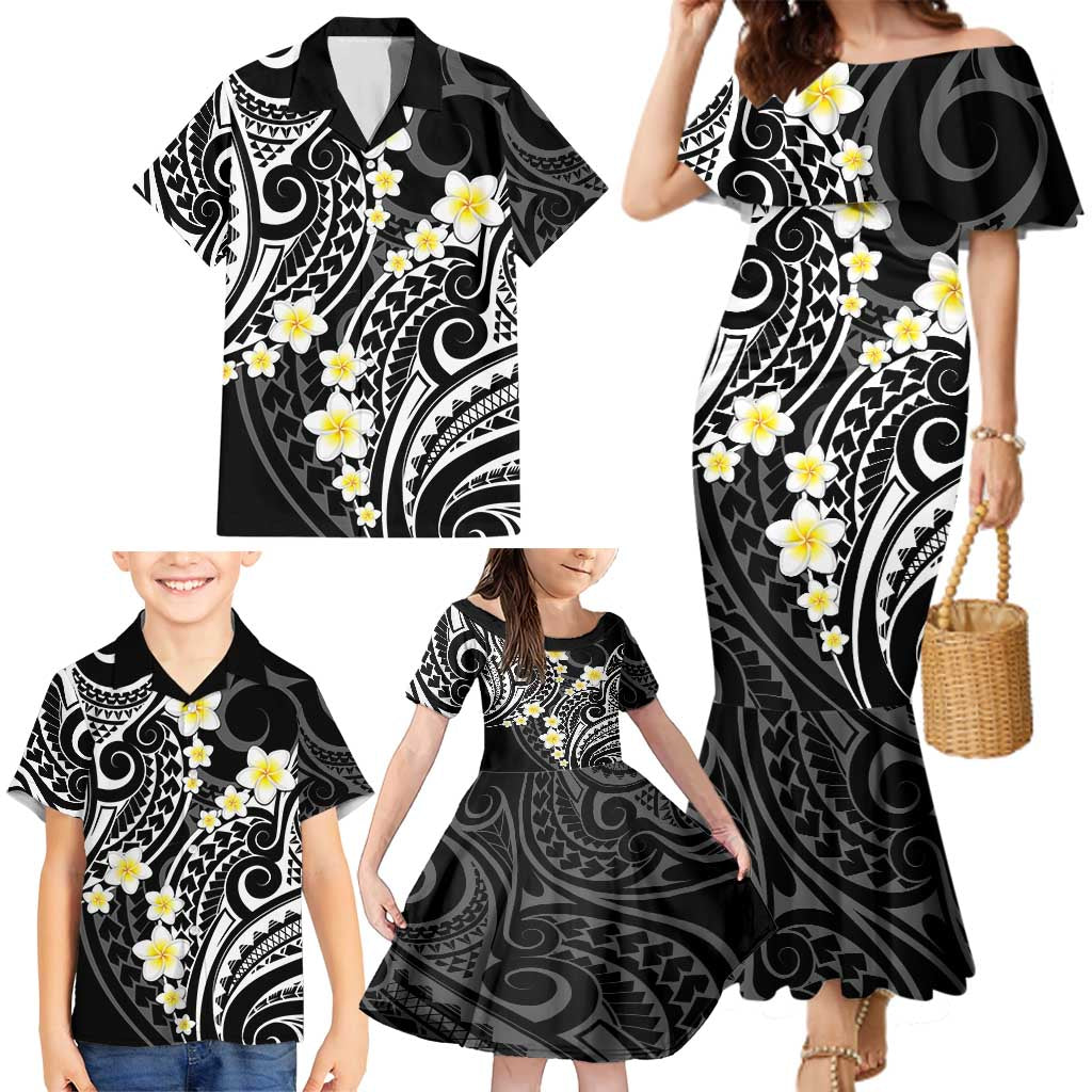 Plumeria With Black Polynesian Tattoo Pattern Family Matching Mermaid Dress and Hawaiian Shirt LT05 - Polynesian Pride