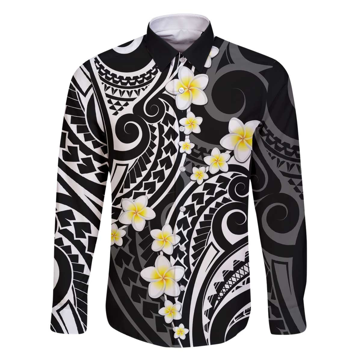 Plumeria With Black Polynesian Tattoo Pattern Family Matching Off The Shoulder Long Sleeve Dress and Hawaiian Shirt LT05 Dad's Shirt - Long Sleeve Black - Polynesian Pride