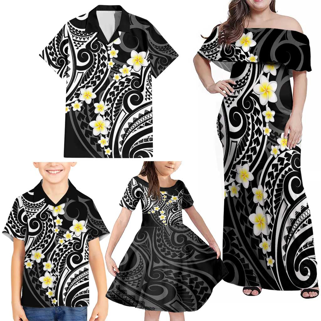 Plumeria With Black Polynesian Tattoo Pattern Family Matching Off Shoulder Maxi Dress and Hawaiian Shirt