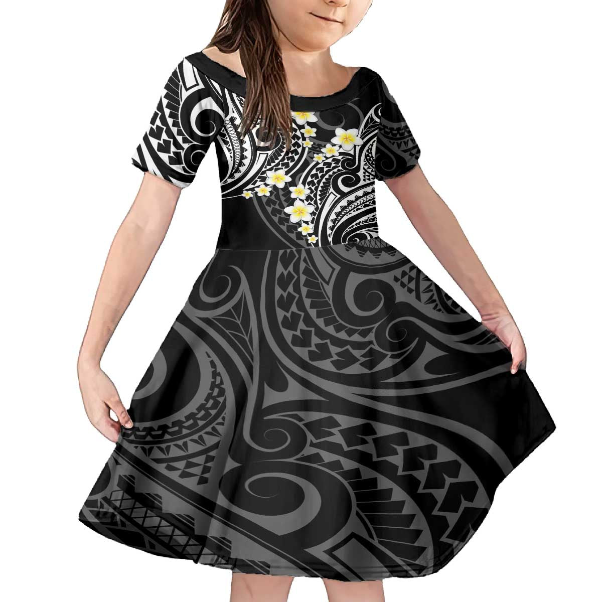 Plumeria With Black Polynesian Tattoo Pattern Family Matching Puletasi and Hawaiian Shirt LT05 Daughter's Dress Black - Polynesian Pride