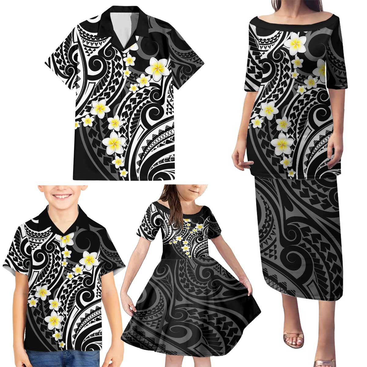Plumeria With Black Polynesian Tattoo Pattern Family Matching Puletasi and Hawaiian Shirt LT05 - Polynesian Pride