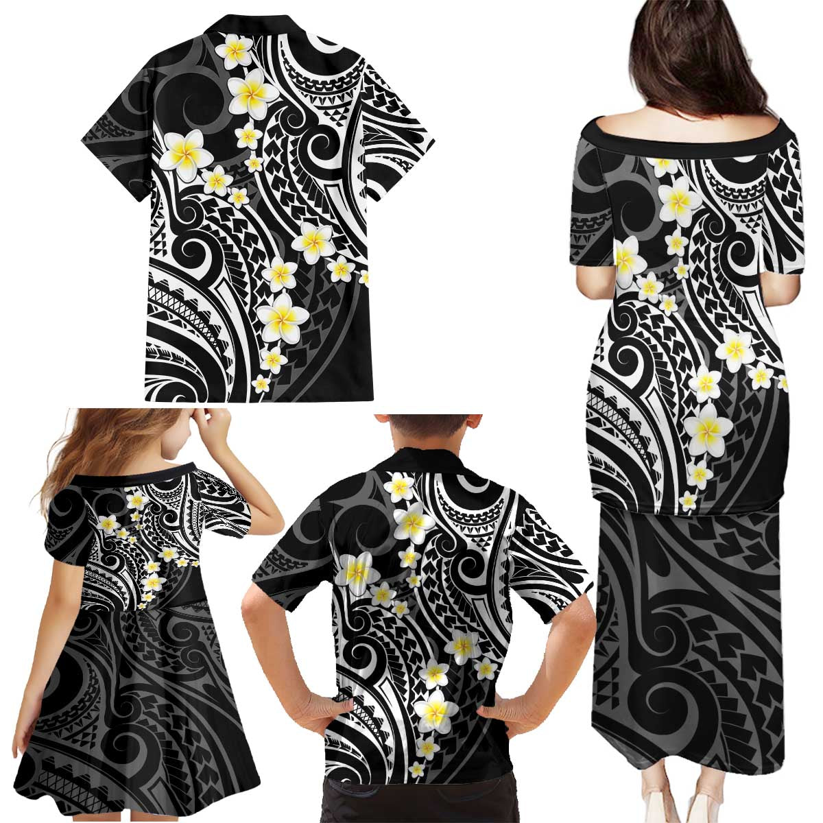 Plumeria With Black Polynesian Tattoo Pattern Family Matching Puletasi and Hawaiian Shirt LT05 - Polynesian Pride