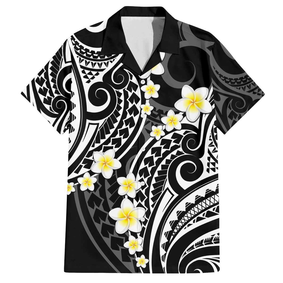Plumeria With Black Polynesian Tattoo Pattern Family Matching Puletasi and Hawaiian Shirt LT05 Dad's Shirt - Short Sleeve Black - Polynesian Pride