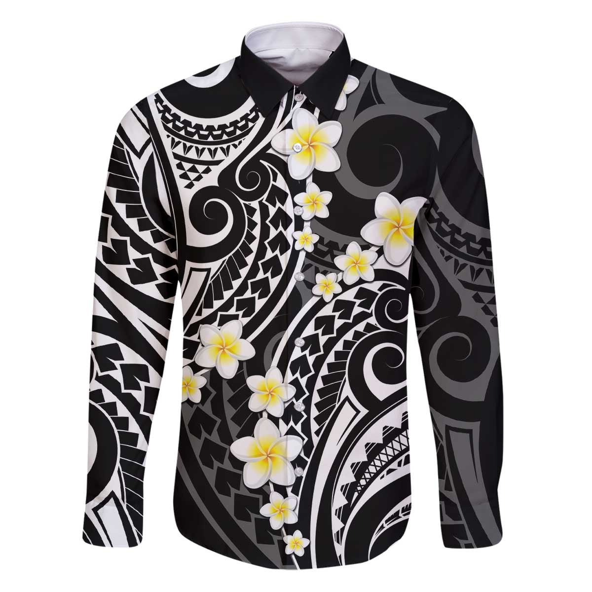 Plumeria With Black Polynesian Tattoo Pattern Family Matching Puletasi and Hawaiian Shirt LT05 Dad's Shirt - Long Sleeve Black - Polynesian Pride