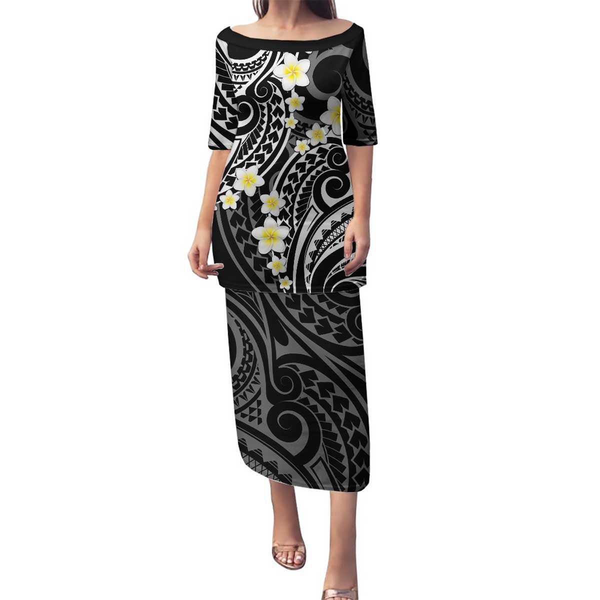 Plumeria With Black Polynesian Tattoo Pattern Family Matching Puletasi and Hawaiian Shirt LT05 Mom's Dress Black - Polynesian Pride